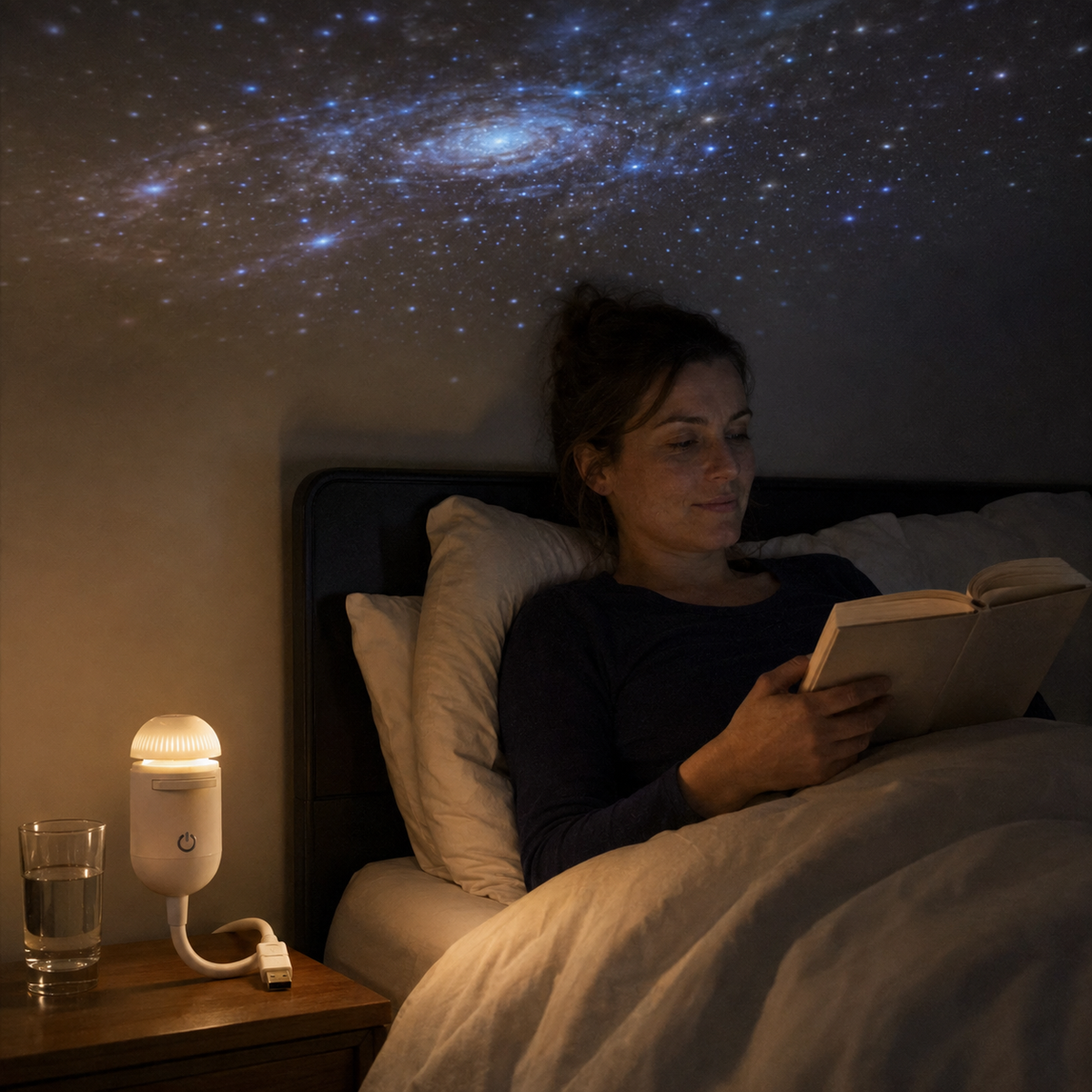 Reading in bed under a galaxy projection
