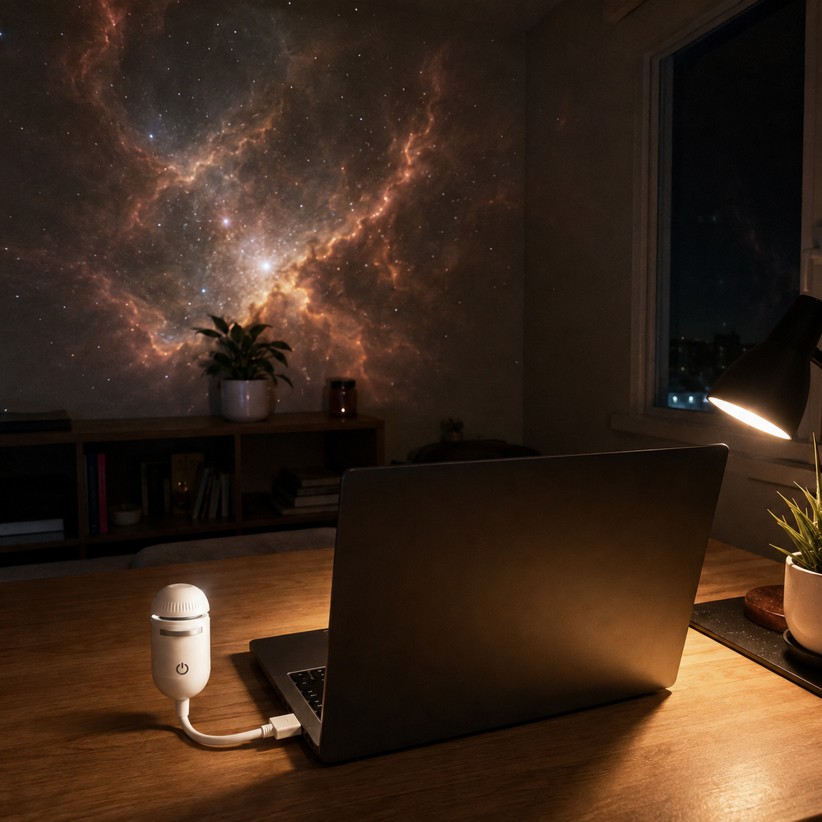 Home desk at night with a nebula projection
